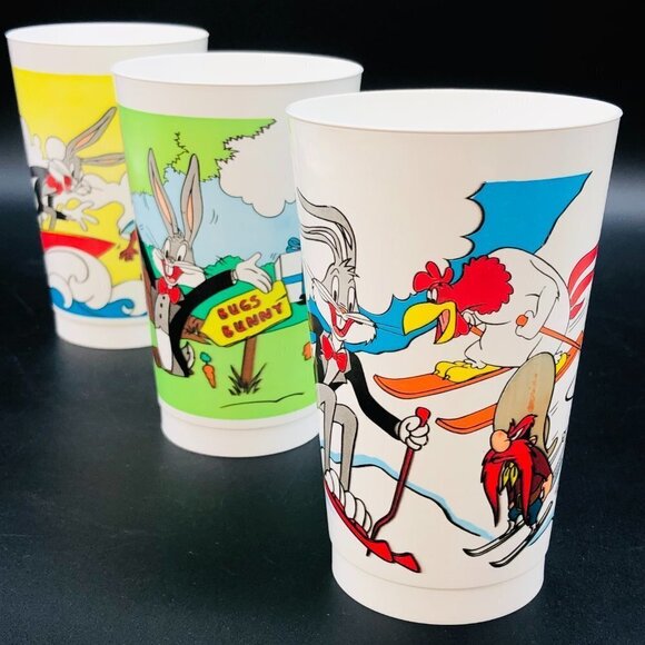 1990 Looney Tunes Plastic Tumblers Set of 3 Vintage McDonald's Coca Cola Cups - Picture 6 of 11